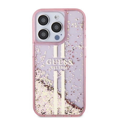 Husa pentru iPhone 15 Pro - Guess Liquid Glitter Gold Stripes (GUHCP15LLFCSEGP) - Pink