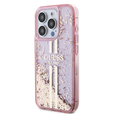 Husa pentru iPhone 15 Pro - Guess Liquid Glitter Gold Stripes (GUHCP15LLFCSEGP) - Pink