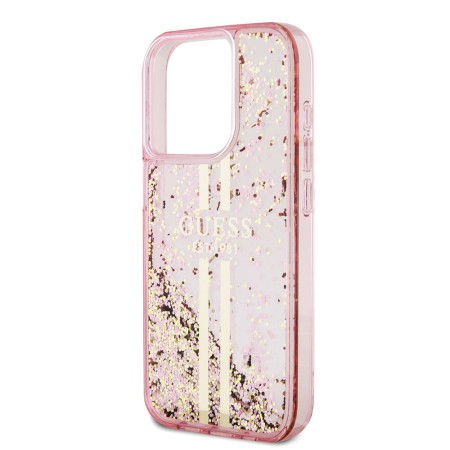 Husa pentru iPhone 15 Pro - Guess Liquid Glitter Gold Stripes (GUHCP15LLFCSEGP) - Pink