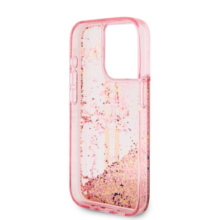 Husa pentru iPhone 15 Pro - Guess Liquid Glitter Gold Stripes (GUHCP15LLFCSEGP) - Pink