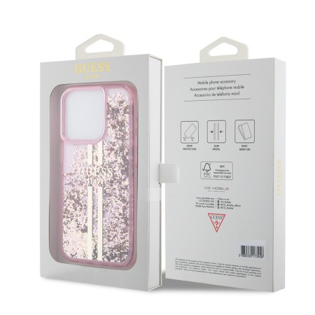 Husa pentru iPhone 15 Pro - Guess Liquid Glitter Gold Stripes (GUHCP15LLFCSEGP) - Pink