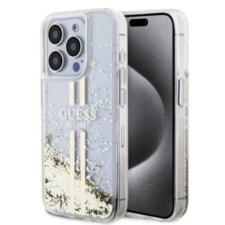 Husa pentru iPhone 15 Pro - Guess Liquid Glitter Gold Stripes (GUHCP15LLFCSEGT) - Transparent