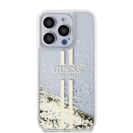 Husa pentru iPhone 15 Pro - Guess Liquid Glitter Gold Stripes (GUHCP15LLFCSEGT) - Transparent