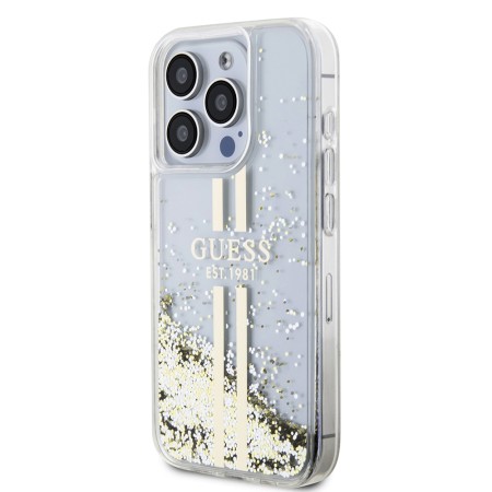 Husa pentru iPhone 15 Pro - Guess Liquid Glitter Gold Stripes (GUHCP15LLFCSEGT) - Transparent