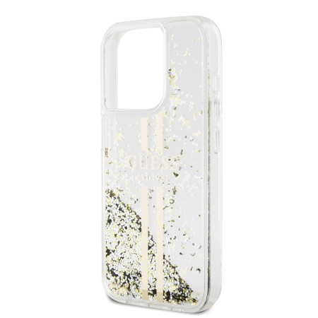 Husa pentru iPhone 15 Pro - Guess Liquid Glitter Gold Stripes (GUHCP15LLFCSEGT) - Transparent