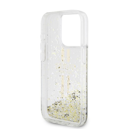 Husa pentru iPhone 15 Pro - Guess Liquid Glitter Gold Stripes (GUHCP15LLFCSEGT) - Transparent