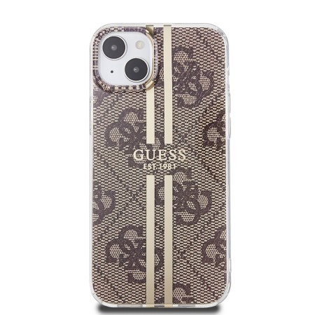 Husa pentru iPhone 15 Plus / iPhone 14 Plus - Guess Hardcase IML 4G Gold Stripe (GUHCP15MH4PSEGW) - Brown