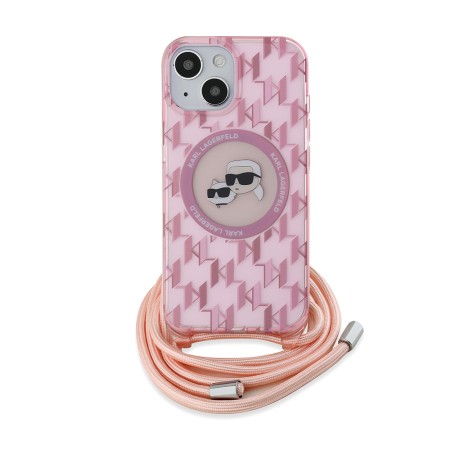 Husa pentru iPhone 15 / iPhone 14 / iPhone 13 - Karl Lagerfeld IML Crossbody MagSafe (KLHMP15SHCKCKLCP) - Pink Mono KarlandChoupette Head