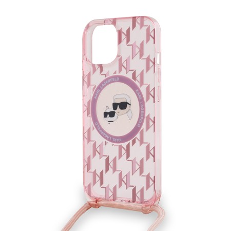 Husa pentru iPhone 15 / iPhone 14 / iPhone 13 - Karl Lagerfeld IML Crossbody MagSafe (KLHMP15SHCKCKLCP) - Pink Mono KarlandChoupette Head