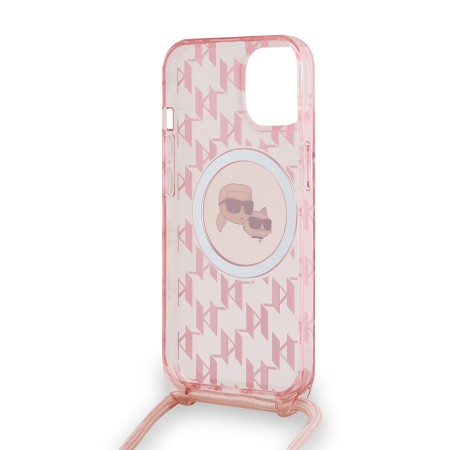 Husa pentru iPhone 15 / iPhone 14 / iPhone 13 - Karl Lagerfeld IML Crossbody MagSafe (KLHMP15SHCKCKLCP) - Pink Mono KarlandChoupette Head