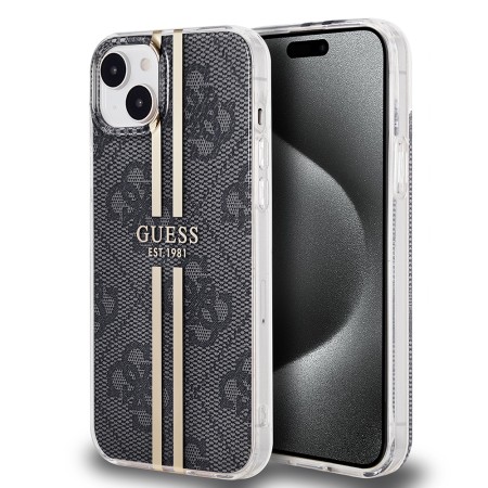 Husa pentru iPhone 15 Plus / iPhone 14 Plus - Guess Hardcase IML 4G Gold Stripe (GUHCP15MH4PSEGK) - Black