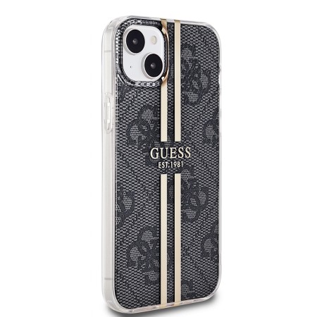 Husa pentru iPhone 15 Plus / iPhone 14 Plus - Guess Hardcase IML 4G Gold Stripe (GUHCP15MH4PSEGK) - Black