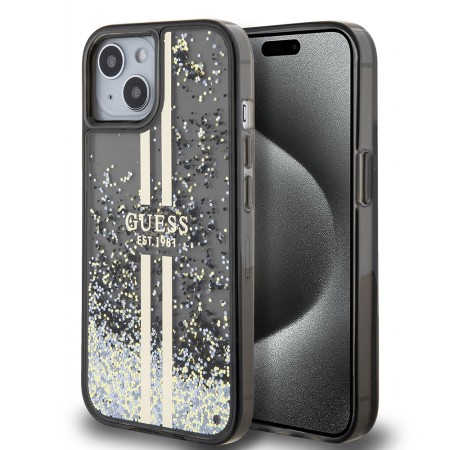 Husa pentru iPhone 15 / iPhone 14 / iPhone 13 - Guess Liquid Glitter Gold Stripes (GUHCP15SLFCSEGK) - Black