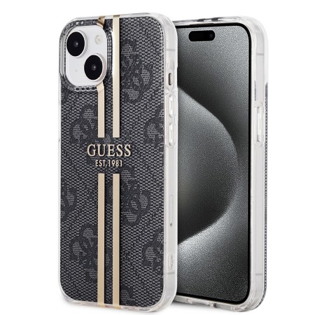 Husa pentru iPhone 15 / iPhone 14 / iPhone 13 - Guess Hardcase IML 4G Gold Stripe (GUHCP15SH4PSEGK) - Black