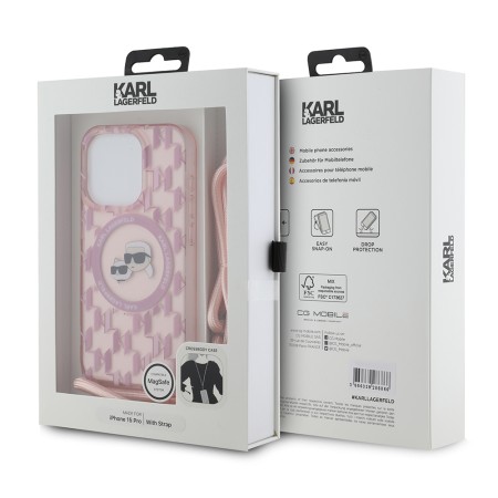 Husa pentru iPhone 15 Pro - Karl Lagerfeld IML Crossbody MagSafe (KLHMP15LHCKCKLCP) - Pink Monogram KarlandChoupette Head