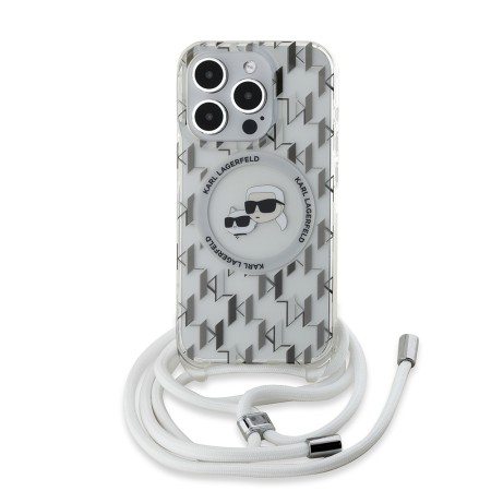 Husa pentru iPhone 15 Pro - Karl Lagerfeld IML Crossbody MagSafe (KLHMP15LHCKCKLCT) - Transparent Monogram KarlandChoupette Head