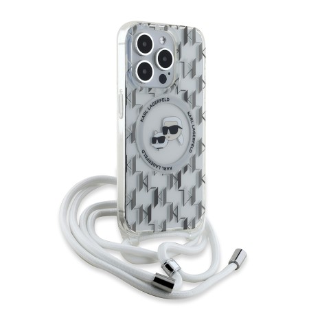 Husa pentru iPhone 15 Pro - Karl Lagerfeld IML Crossbody MagSafe (KLHMP15LHCKCKLCT) - Transparent Monogram KarlandChoupette Head