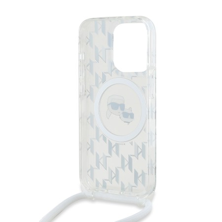 Husa pentru iPhone 15 Pro - Karl Lagerfeld IML Crossbody MagSafe (KLHMP15LHCKCKLCT) - Transparent Monogram KarlandChoupette Head