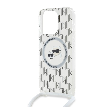 Husa pentru iPhone 15 Pro - Karl Lagerfeld IML Crossbody MagSafe (KLHMP15LHCKCKLCT) - Transparent Monogram KarlandChoupette Head