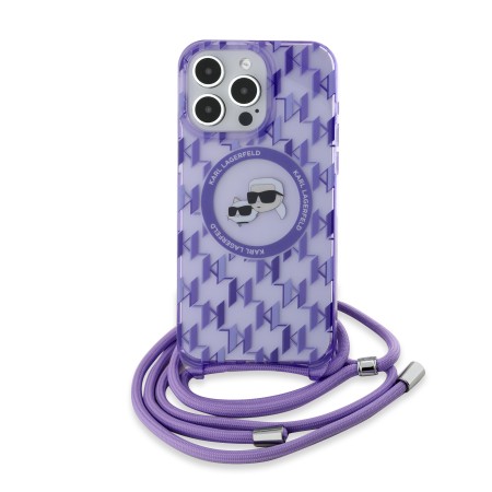 Husa pentru iPhone 15 Pro - Karl Lagerfeld IML Crossbody MagSafe (KLHMP15LHCKCKLCU) - Purple Monogram KarlandChoupette Head