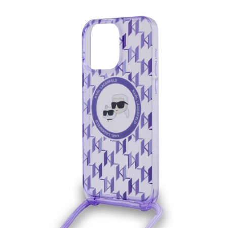 Husa pentru iPhone 15 Pro - Karl Lagerfeld IML Crossbody MagSafe (KLHMP15LHCKCKLCU) - Purple Monogram KarlandChoupette Head