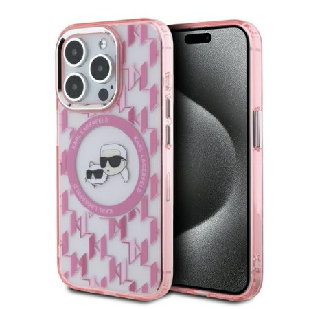 Husa pentru iPhone 15 Pro - Karl Lagerfeld IML MagSafe (KLHMP15LHMCKMHP) - Pink Monogram KarlandChoupette Head