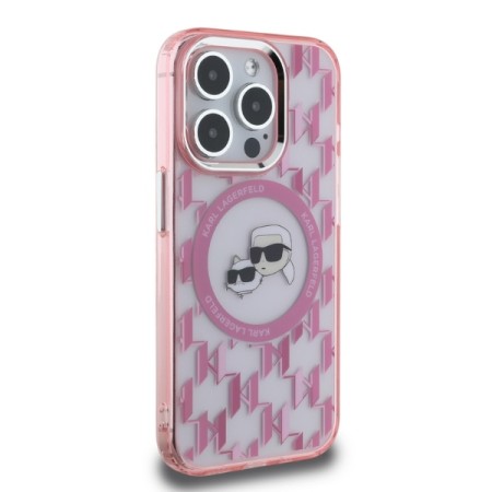 Husa pentru iPhone 15 Pro - Karl Lagerfeld IML MagSafe (KLHMP15LHMCKMHP) - Pink Monogram KarlandChoupette Head