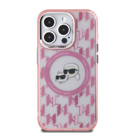 Husa pentru iPhone 15 Pro - Karl Lagerfeld IML MagSafe (KLHMP15LHMCKMHP) - Pink Monogram KarlandChoupette Head