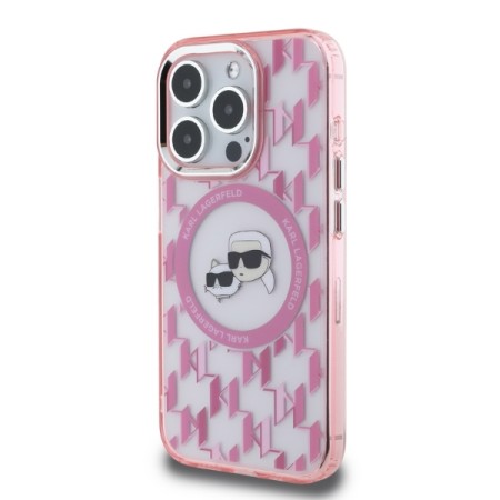 Husa pentru iPhone 15 Pro - Karl Lagerfeld IML MagSafe (KLHMP15LHMCKMHP) - Pink Monogram KarlandChoupette Head