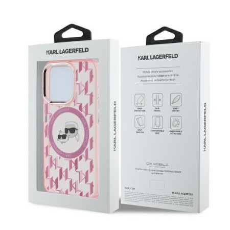 Husa pentru iPhone 15 Pro - Karl Lagerfeld IML MagSafe (KLHMP15LHMCKMHP) - Pink Monogram KarlandChoupette Head