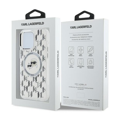 Husa pentru iPhone 15 Pro - Karl Lagerfeld IML MagSafe (KLHMP15LHMCKMHT) - Transparent Monogram KarlandChoupette Head