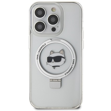 Husa pentru iPhone 15 Pro - Karl Lagerfeld Hardcase Ring Stand MagSafe (KLHMP15LHMRSCHH) - White Choupette Head