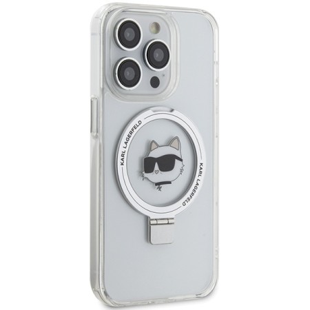 Husa pentru iPhone 15 Pro - Karl Lagerfeld Hardcase Ring Stand MagSafe (KLHMP15LHMRSCHH) - White Choupette Head