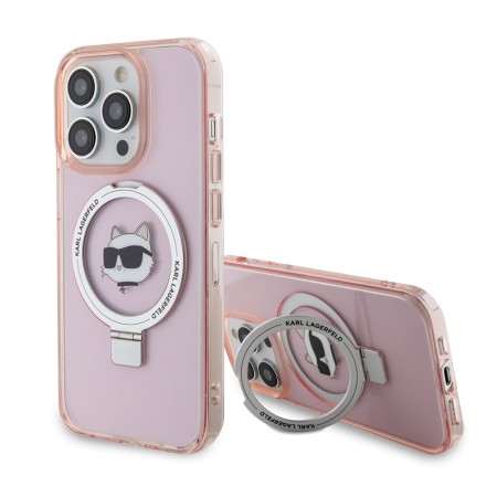 Husa pentru iPhone 15 Pro - Karl Lagerfeld Hardcase Ring Stand MagSafe (KLHMP15LHMRSCHP) - Pink Choupette Head