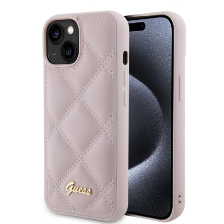 Husa pentru iPhone 15 / iPhone 14 / iPhone 13 - Guess Quilted Metal Logo (GUHCP15SPSQSQSP) - Pink