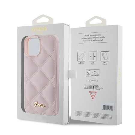 Husa pentru iPhone 15 / iPhone 14 / iPhone 13 - Guess Quilted Metal Logo (GUHCP15SPSQSQSP) - Pink