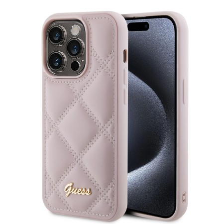 Husa pentru iPhone 15 Pro - Guess Quilted Metal Logo (GUHCP15LPSQSQSP) - Pink