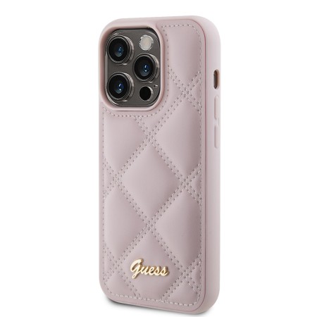 Husa pentru iPhone 15 Pro - Guess Quilted Metal Logo (GUHCP15LPSQSQSP) - Pink