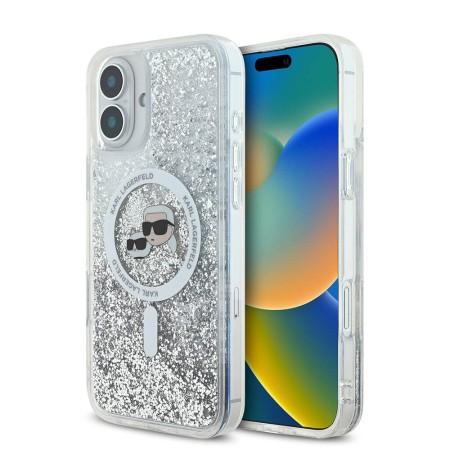 Husa pentru iPhone 16 Plus - Karl Lagerfeld Liquid Glitter MagSafe (KLHMP16MLGKCSGH) - Transparent KarlandChoupette Head