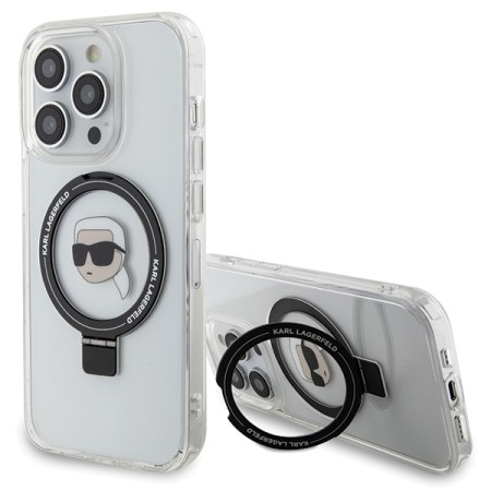 Husa pentru iPhone 15 Pro - Karl Lagerfeld Hardcase Ring Stand MagSafe (KLHMP15LHMRSKHH) - White Karl Head