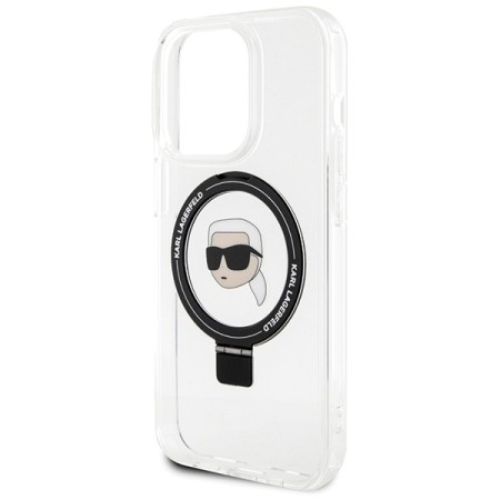 Husa pentru iPhone 15 Pro - Karl Lagerfeld Hardcase Ring Stand MagSafe (KLHMP15LHMRSKHH) - White Karl Head