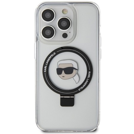 Husa pentru iPhone 15 Pro - Karl Lagerfeld Hardcase Ring Stand MagSafe (KLHMP15LHMRSKHH) - White Karl Head