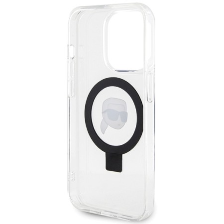 Husa pentru iPhone 15 Pro - Karl Lagerfeld Hardcase Ring Stand MagSafe (KLHMP15LHMRSKHH) - White Karl Head