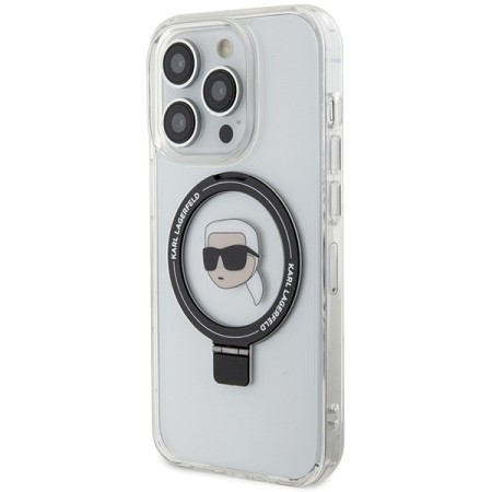 Husa pentru iPhone 15 Pro - Karl Lagerfeld Hardcase Ring Stand MagSafe (KLHMP15LHMRSKHH) - White Karl Head