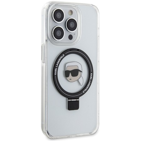 Husa pentru iPhone 15 Pro - Karl Lagerfeld Hardcase Ring Stand MagSafe (KLHMP15LHMRSKHH) - White Karl Head