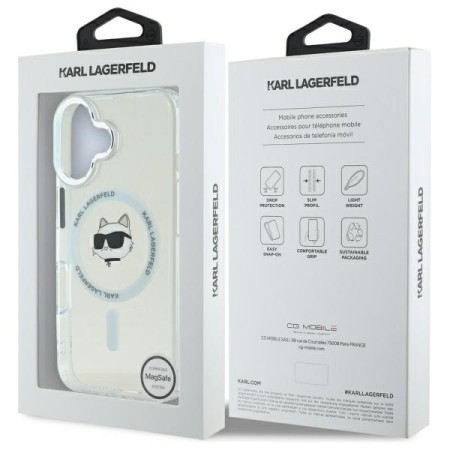 Husa pentru iPhone 16 Plus - Karl Lagerfeld IML MagSafe (KLHMP16MHLSCHH) - White Metal Choupettes Head