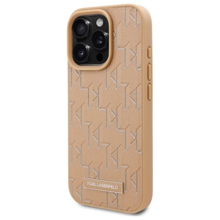 Husa iPhone 16 Pro - Karl Lagerfeld Leather MagSafe (KLHMP16LPKHPORPE) - Beige Monogram Metal Logo