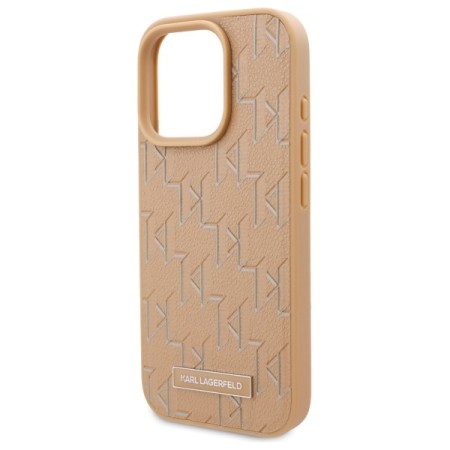 Husa iPhone 16 Pro - Karl Lagerfeld Leather MagSafe (KLHMP16LPKHPORPE) - Beige Monogram Metal Logo