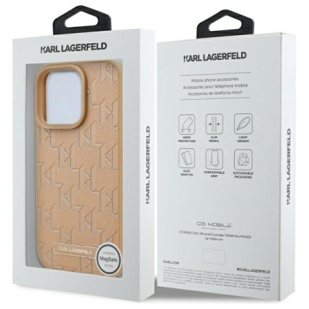 Husa iPhone 16 Pro - Karl Lagerfeld Leather MagSafe (KLHMP16LPKHPORPE) - Beige Monogram Metal Logo