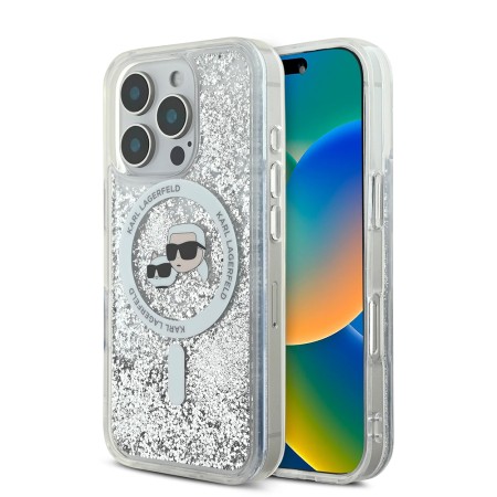 Husa pentru iPhone 16 Pro - Karl Lagerfeld Liquid Glitter MagSafe (KLHMP16LLGKCSGH) - Clear KarlandChoupette Head